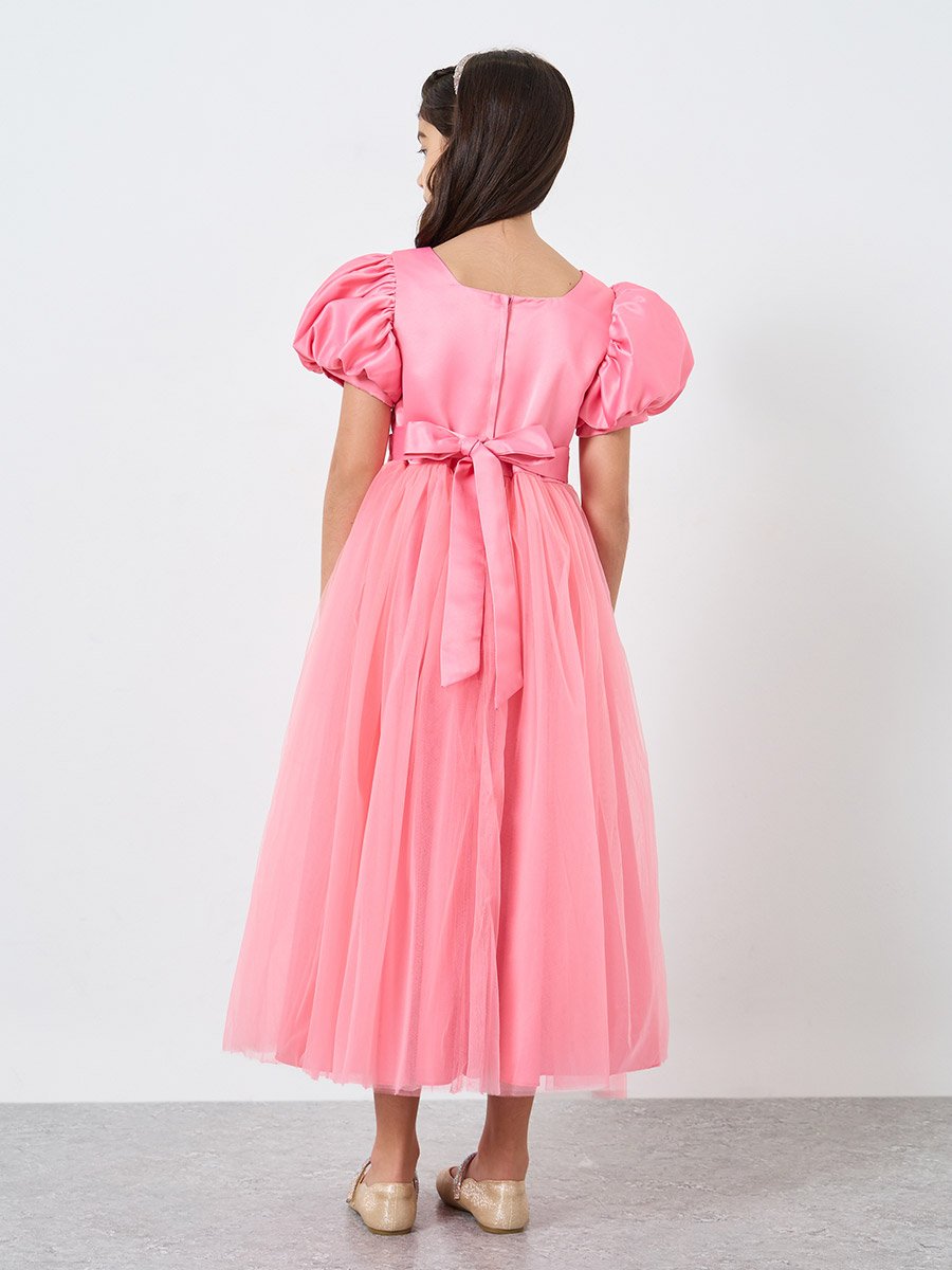 Mesh Insert Bow Detail Pleated Dress