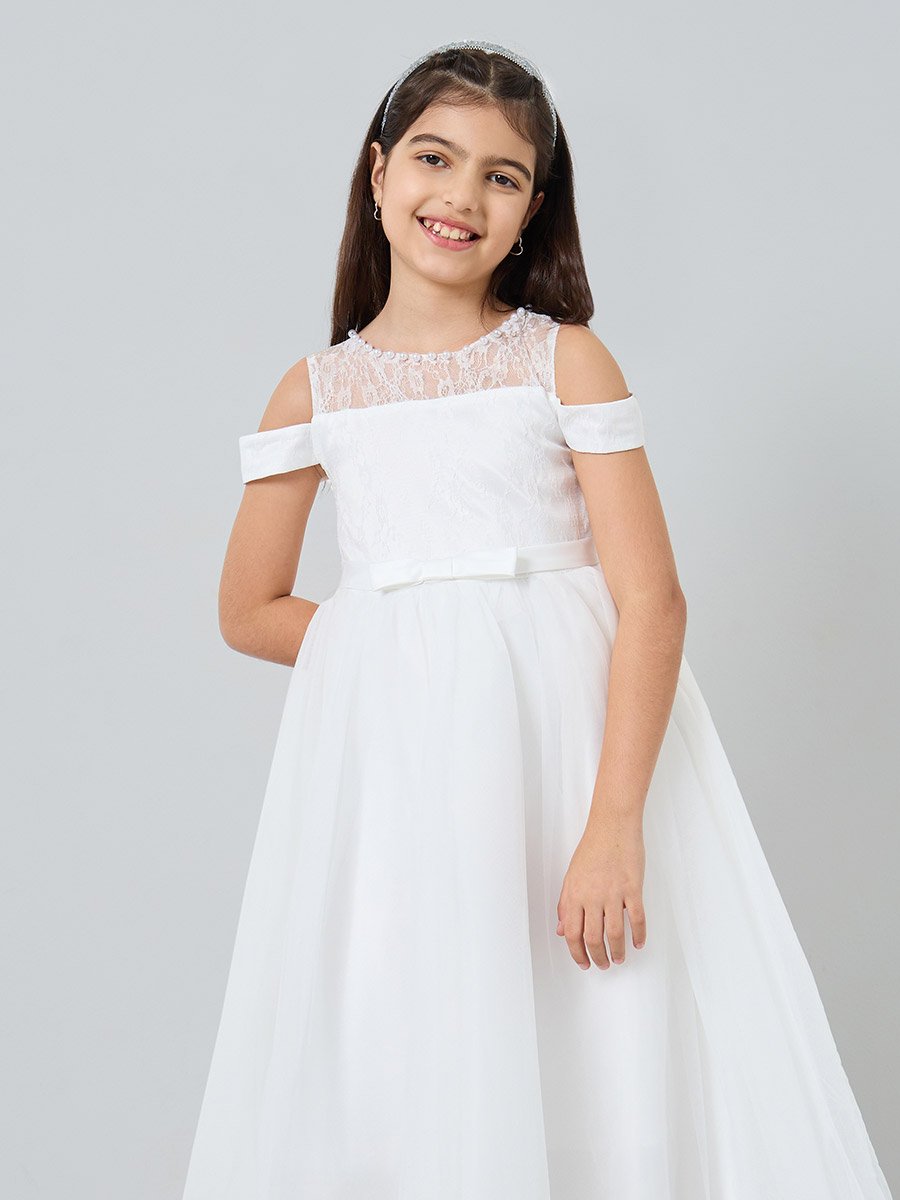 Bow Detail Cold Shoulder Lace Insert Dress