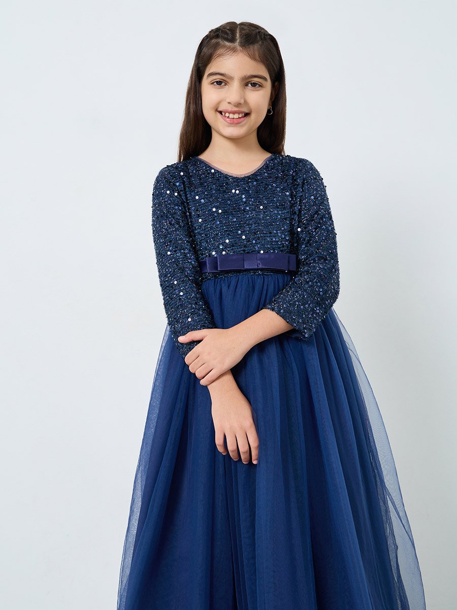 Navy Blue Embellished Bow Detail Dress