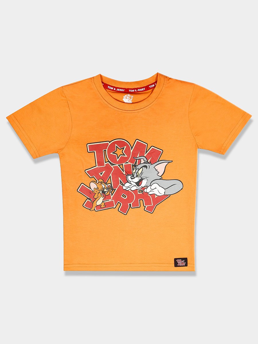 Kids Orange Cotton Tom and Jerry Graphic T-Shirt