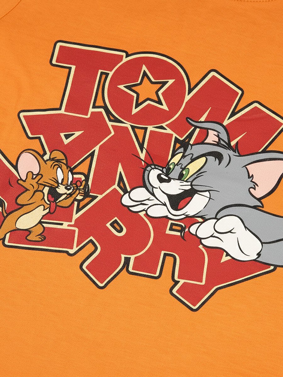 Kids Orange Cotton Tom and Jerry Graphic T-Shirt