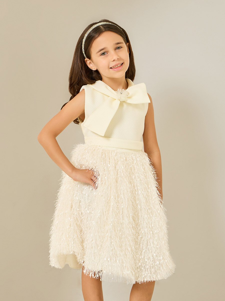 Girls Cream Textured Fringed Detail Dress For Kids at Kuwait | Styli