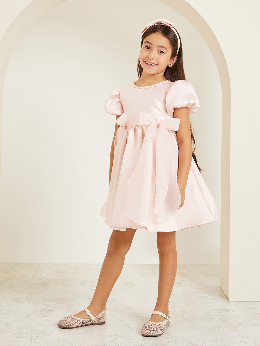 Girls Pink Embellished Puff Sleeve Dress