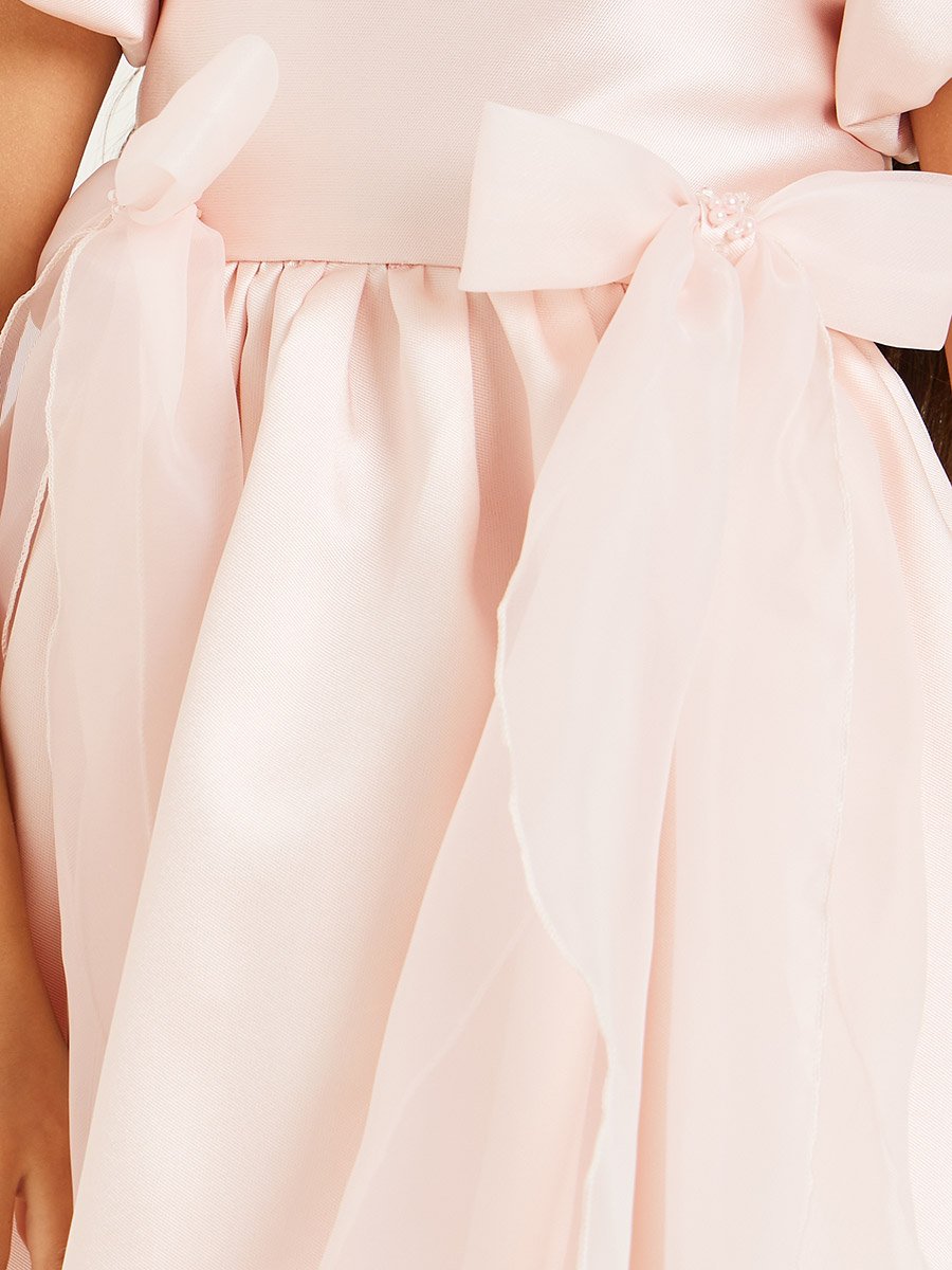 Girls Pink Embellished Puff Sleeve Dress