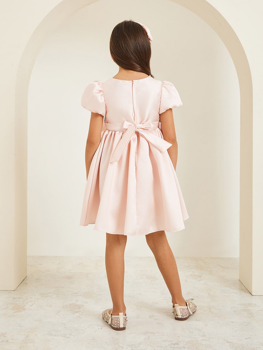 Girls Pink Embellished Puff Sleeve Dress