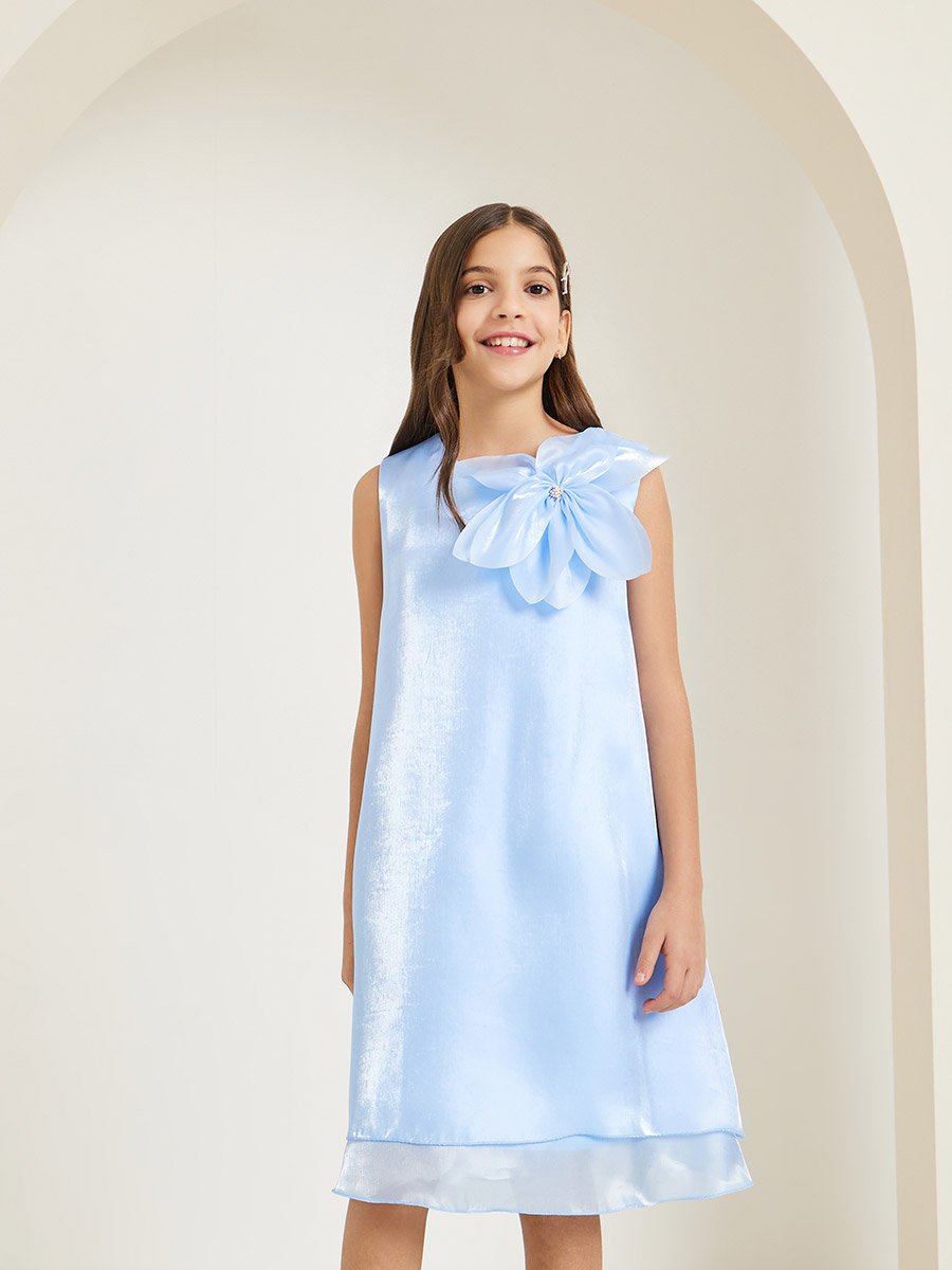 Girls Light Blue Sleeveless Dress with Flower Detail
