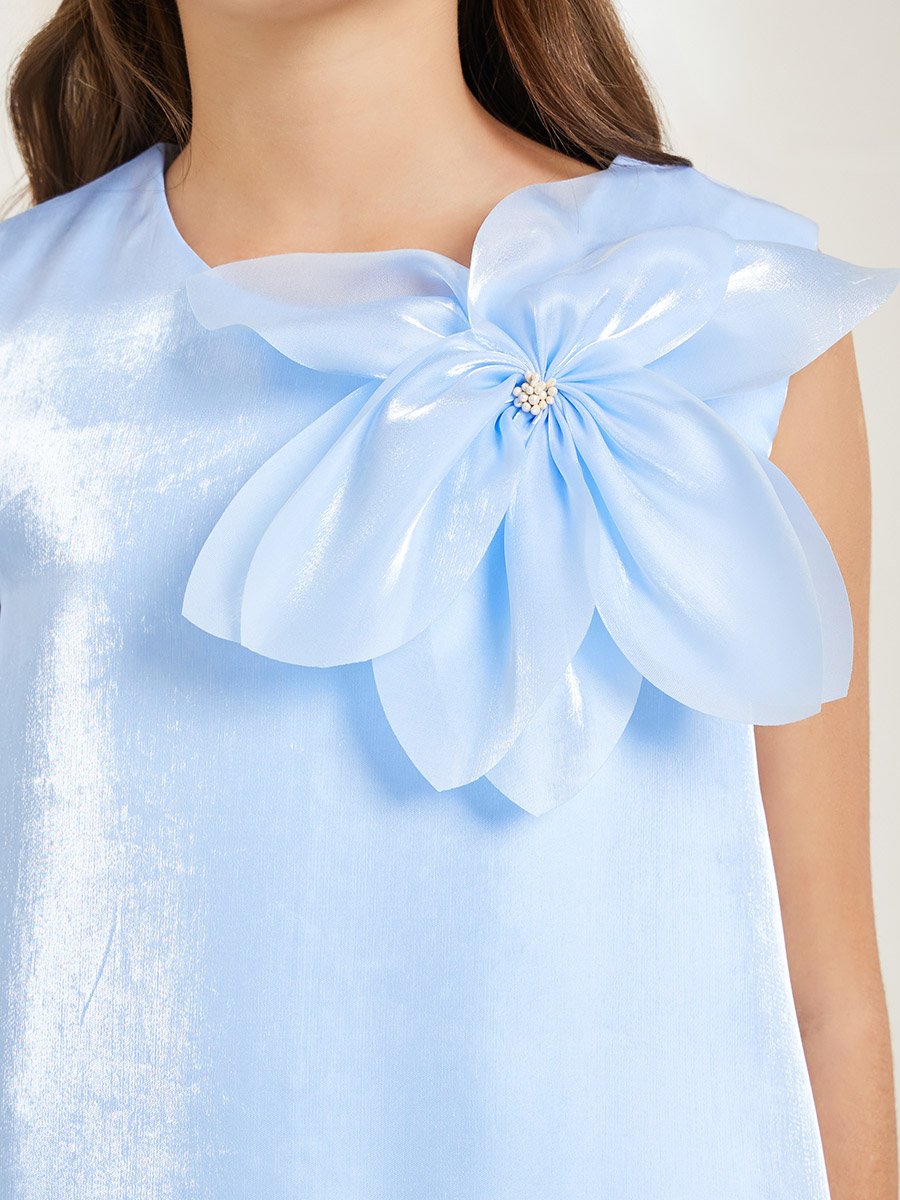 Girls Light Blue Sleeveless Dress with Flower Detail