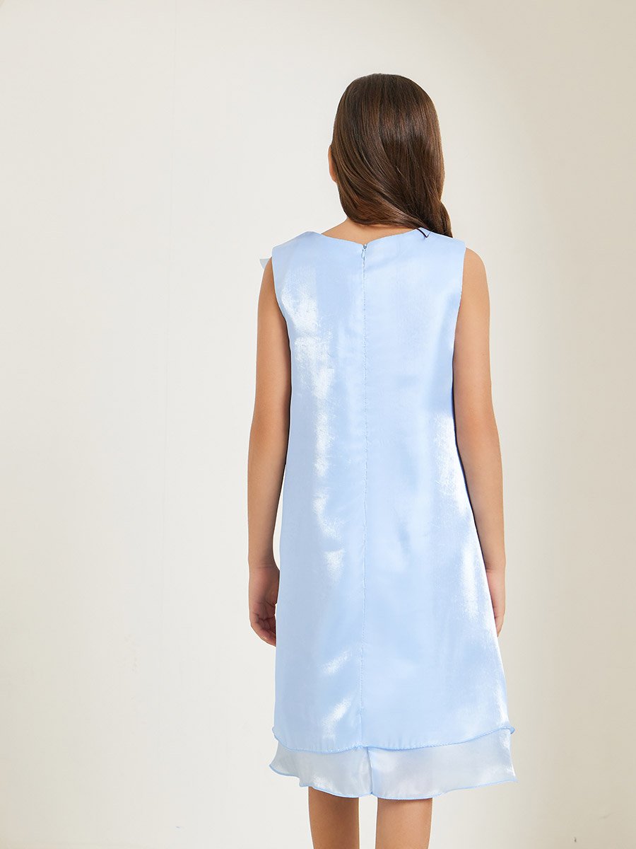 Girls Light Blue Sleeveless Dress with Flower Detail