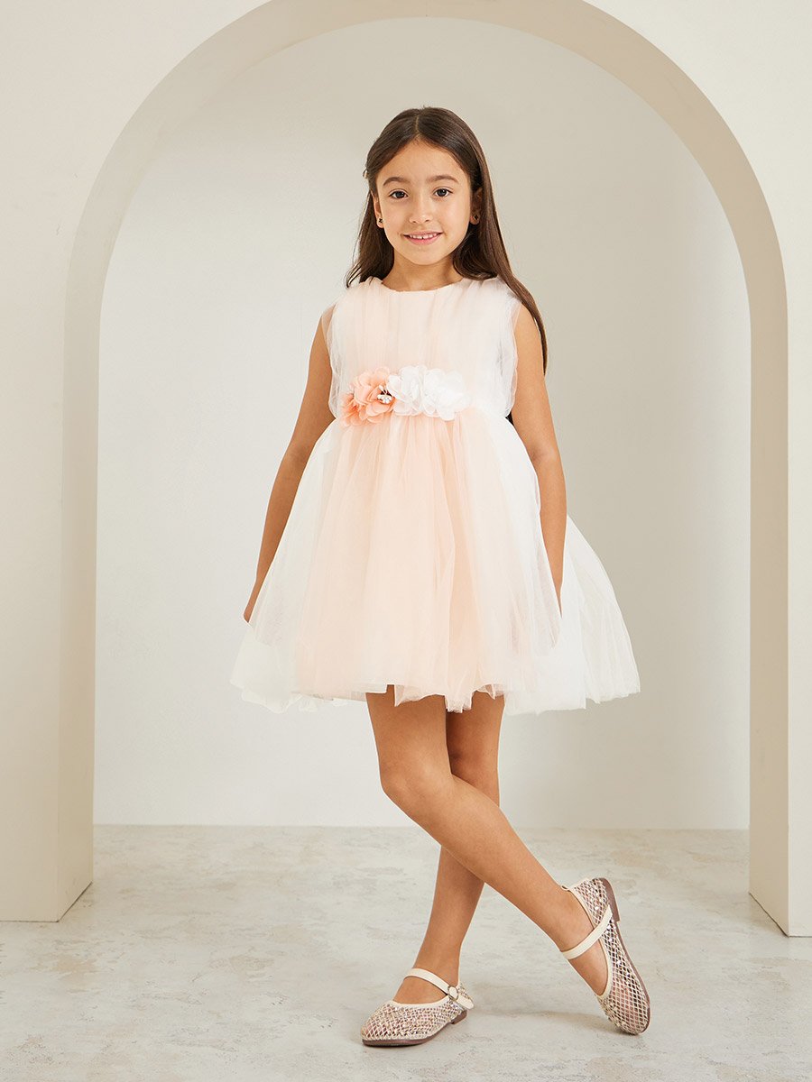 Girls Peach Flowers Detail Mesh Dress