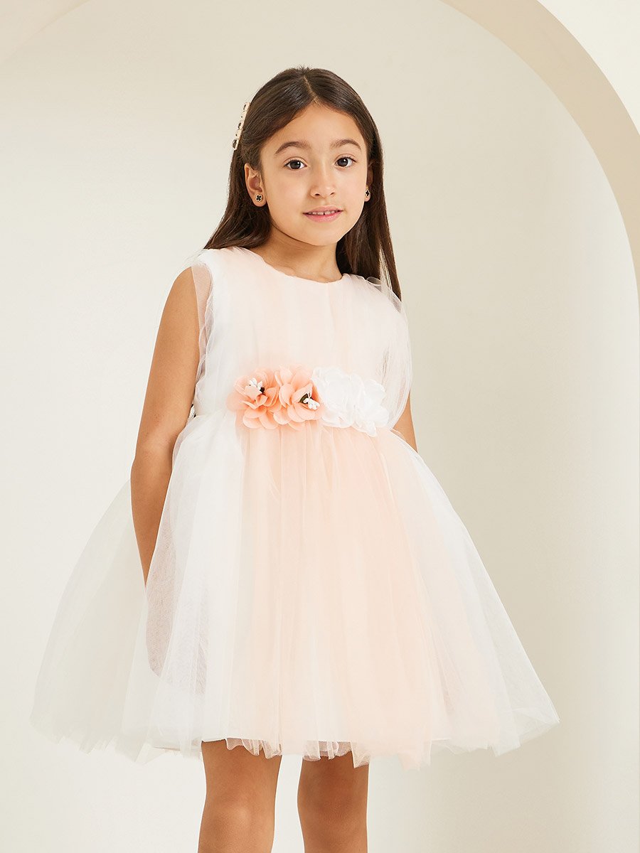 Girls Peach Flowers Detail Mesh Dress
