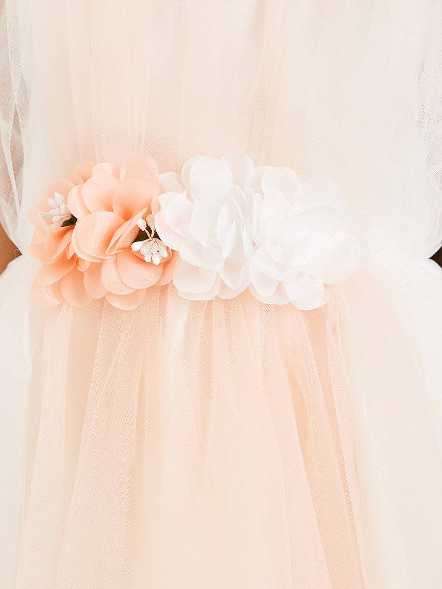 Girls Peach Flowers Detail Mesh Dress