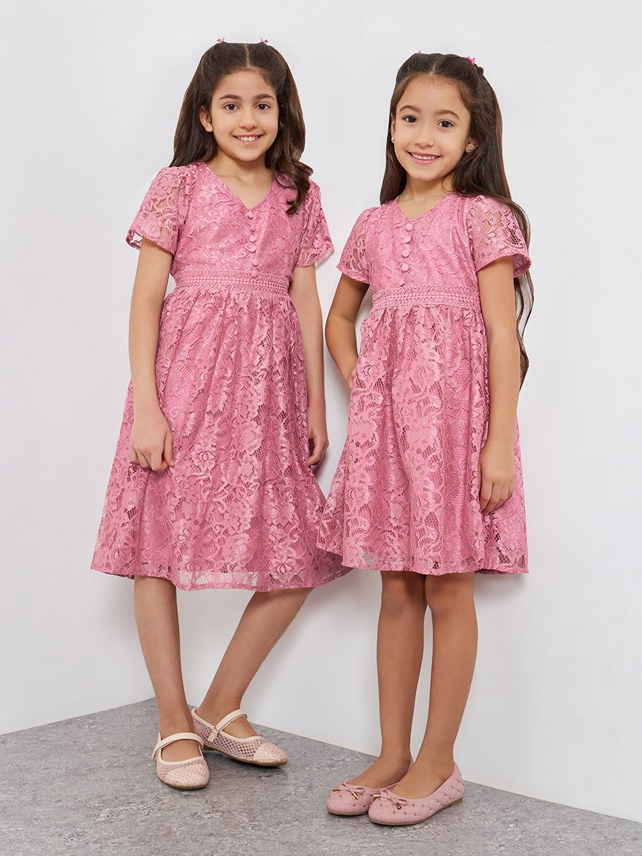 Girls Pink Lace A-Line Knee-Length Dress For Kids at UAE | Styli