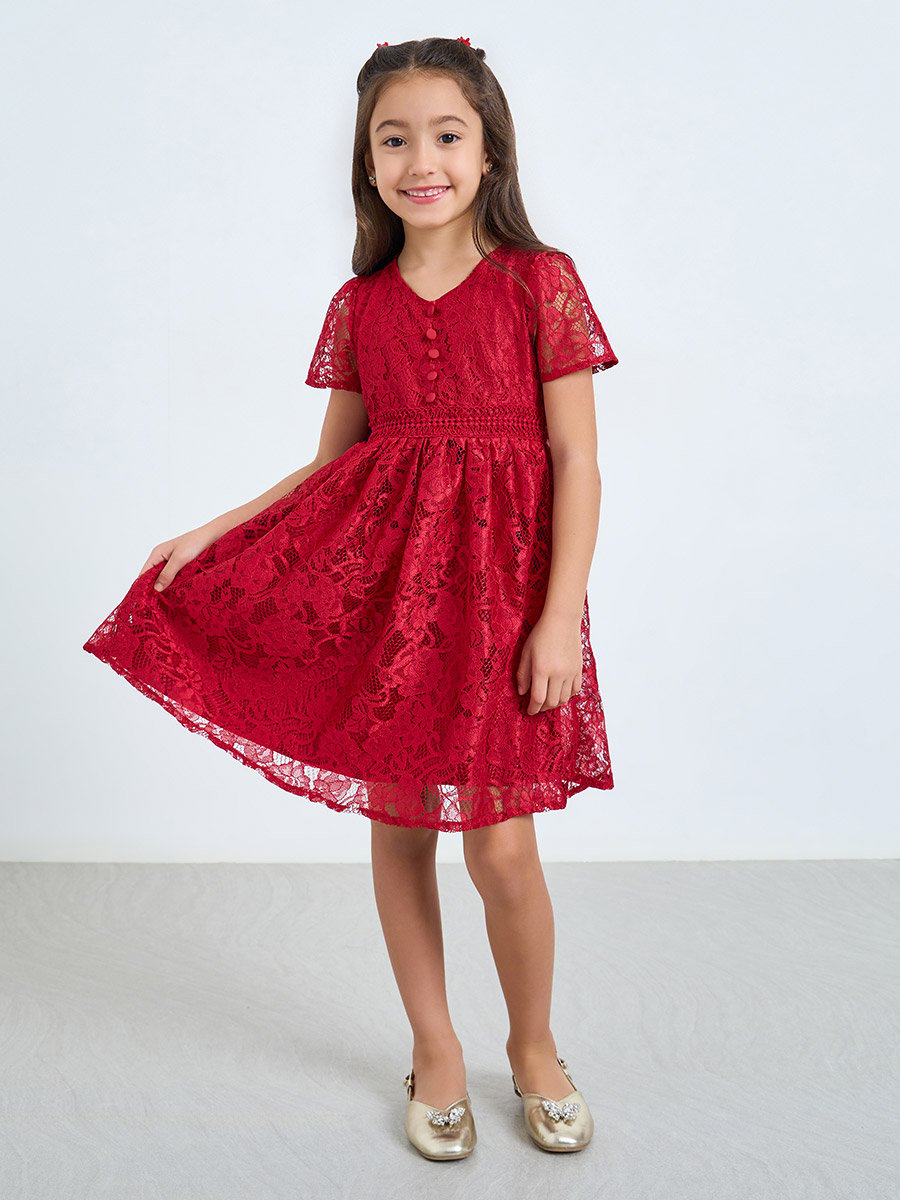 Girls Red Lace A-Line Knee-Length Dress