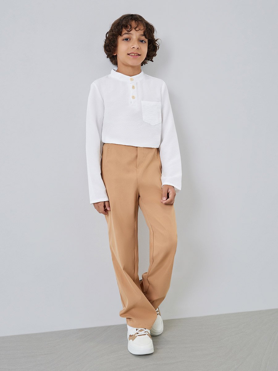 Boys White Shirt and Beige Pant Set