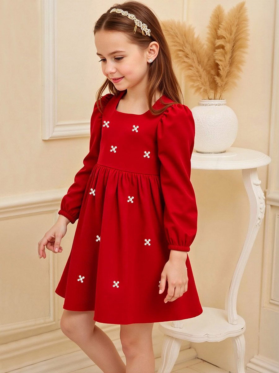 Embellished Square Neck Puff Sleeve Dress