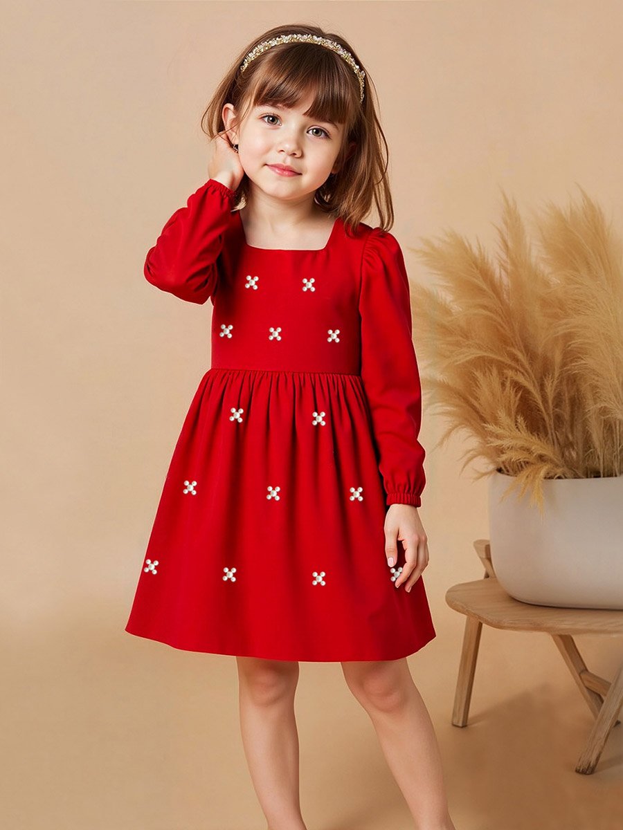 Embellished Square Neck Puff Sleeve Dress
