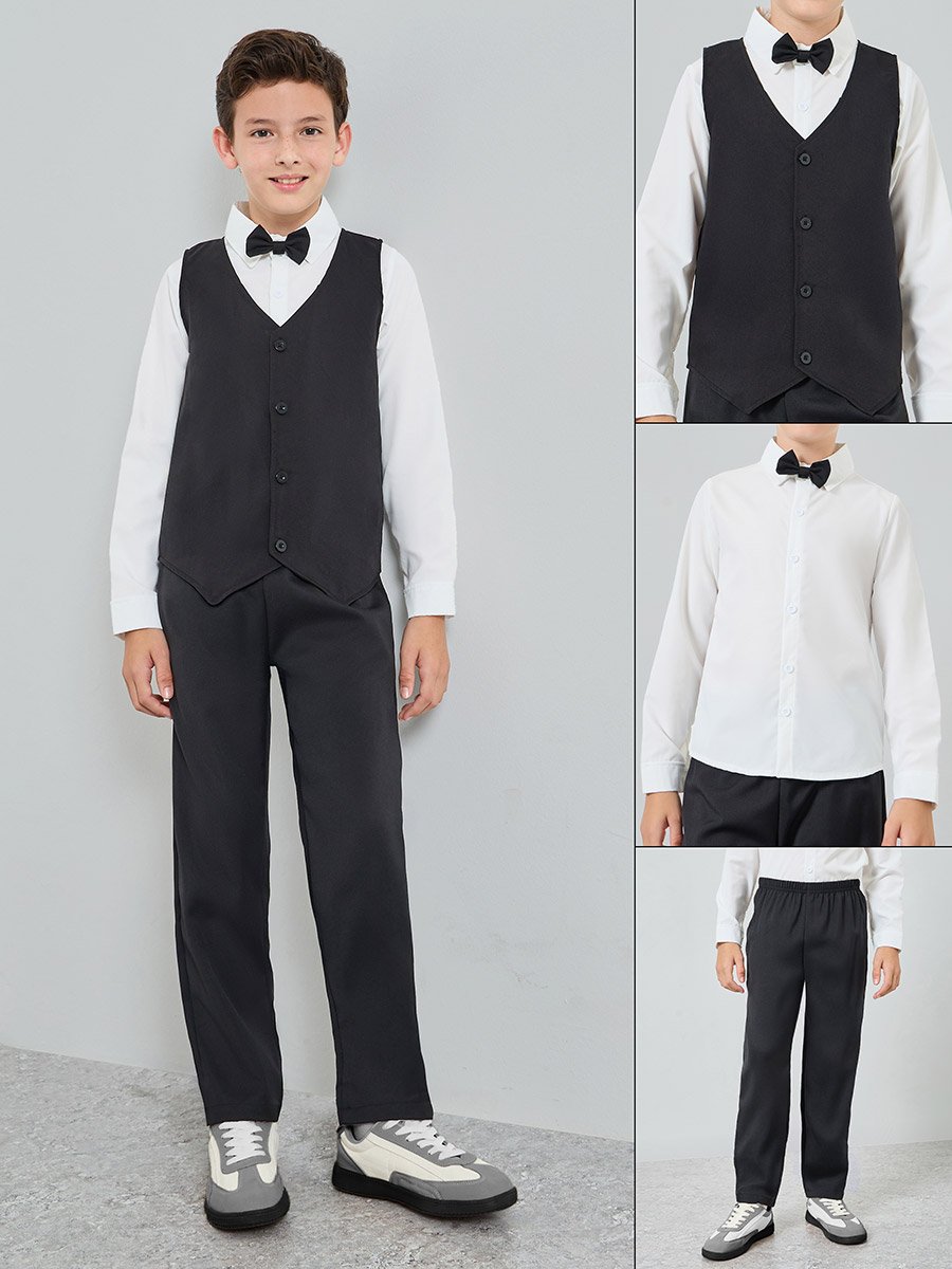 Boys White Shirt with Black Trousers and  Waistcoat with Bow Set