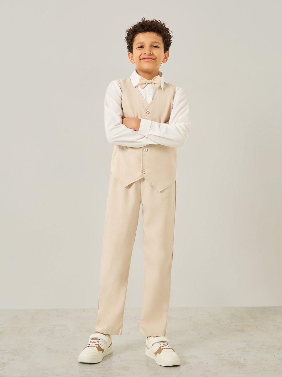 Boys Beige Waistcoat with Pants and Shirt with Bow Set
