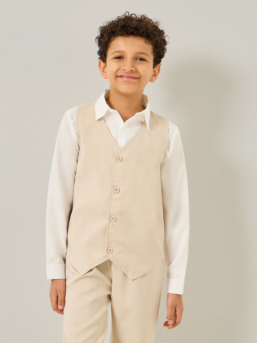Boys Beige Waistcoat with Pants and Shirt with Bow Set