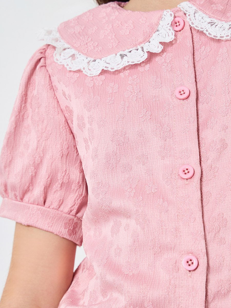 Girls Light Pink Jaquard Top with Lace Collar