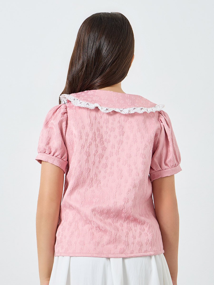 Girls Light Pink Jaquard Top with Lace Collar