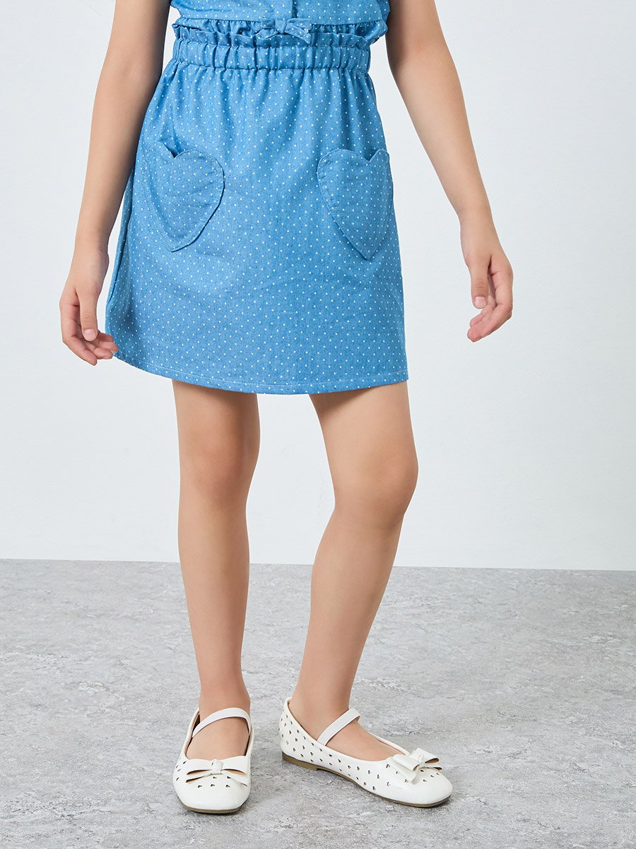 Girls Polka Heart Pocket Denim Skirt