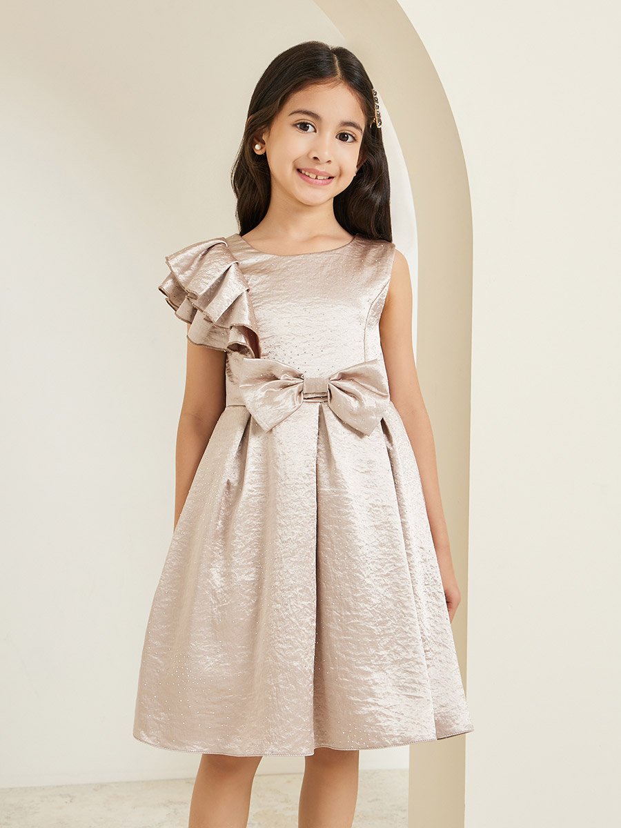 Girls Beige Pleated Sleeveless Dress with Bow Detail