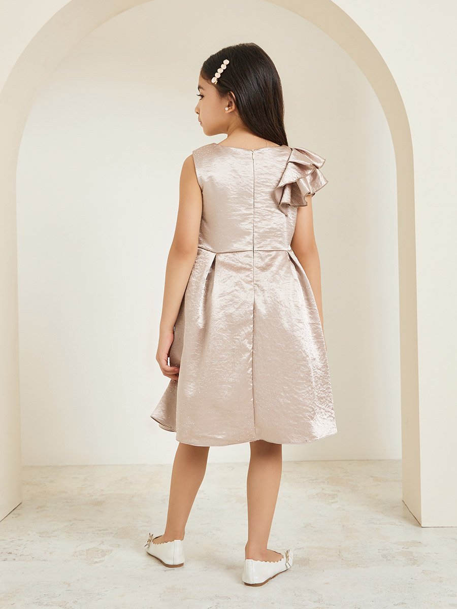 Girls Beige Pleated Sleeveless Dress with Bow Detail