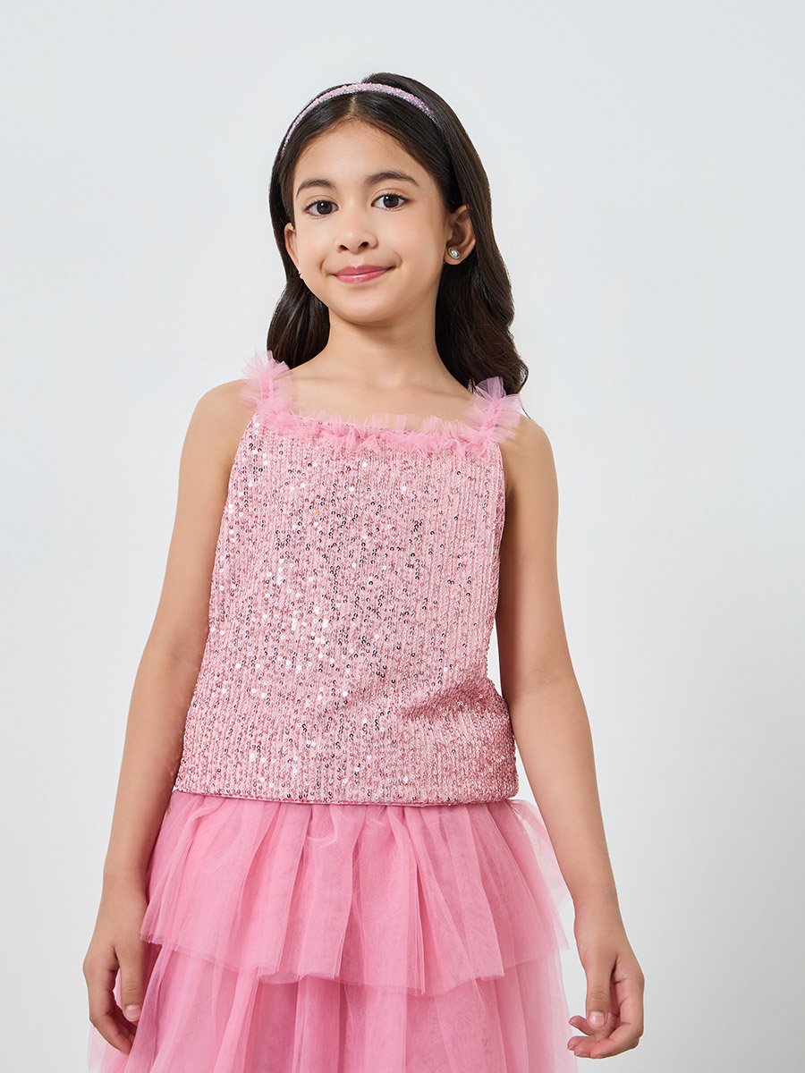 Girls Pink Sequin Top and Tiered Tulle Skirt Set