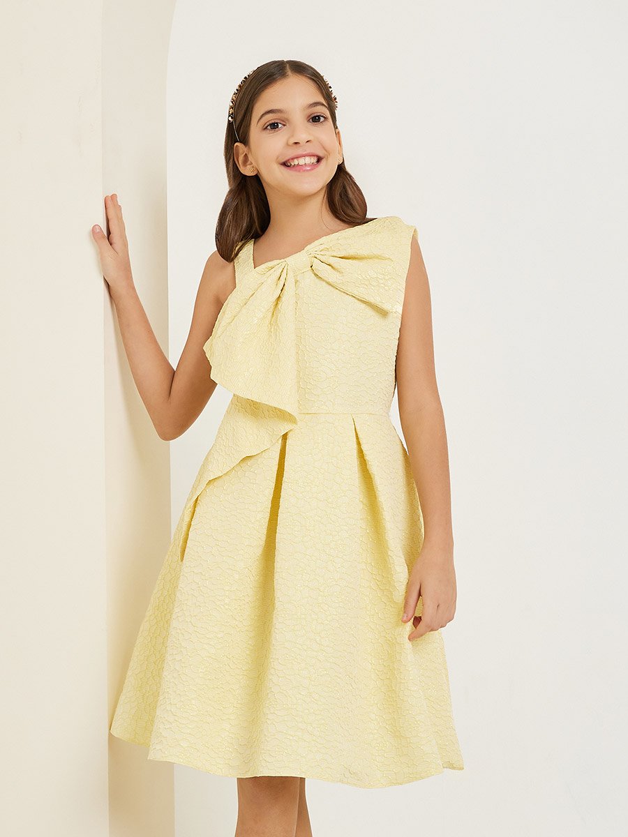 Girls Yellow Sleeveless Pleated Dress with Bow Detail