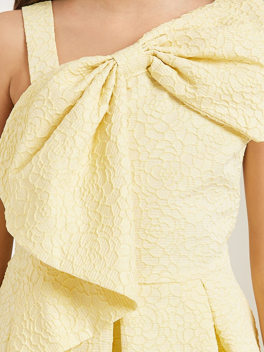 Girls Yellow Sleeveless Pleated Dress with Bow Detail