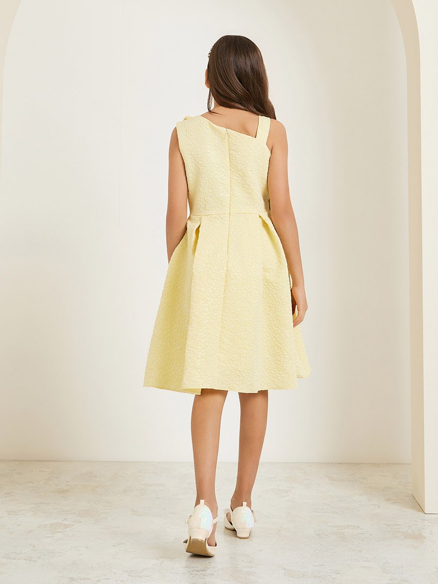 Girls Yellow Sleeveless Pleated Dress with Bow Detail