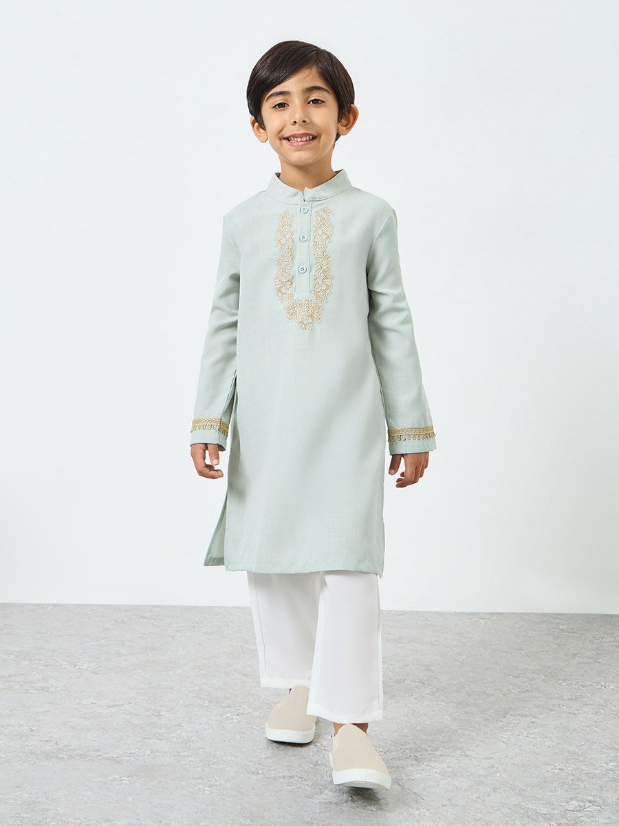 Boys Green Embroidered Kurta with Pants Set