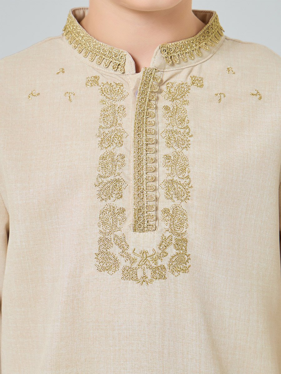 Boys Beige Embroidered Kurta with Pants Set