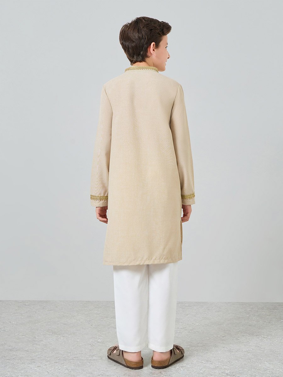 Boys Beige Embroidered Kurta with Pants Set