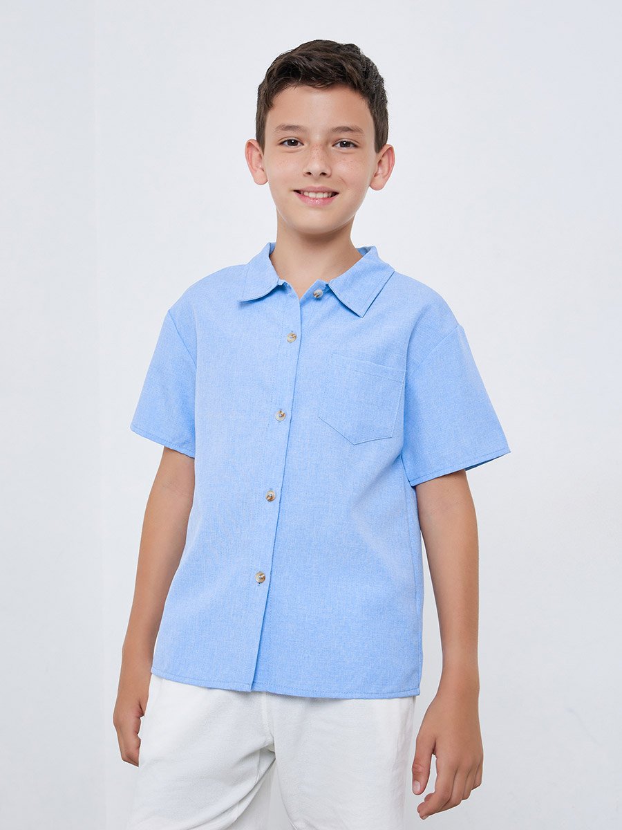 Boys Blue Solid Short Sleeve Shirt