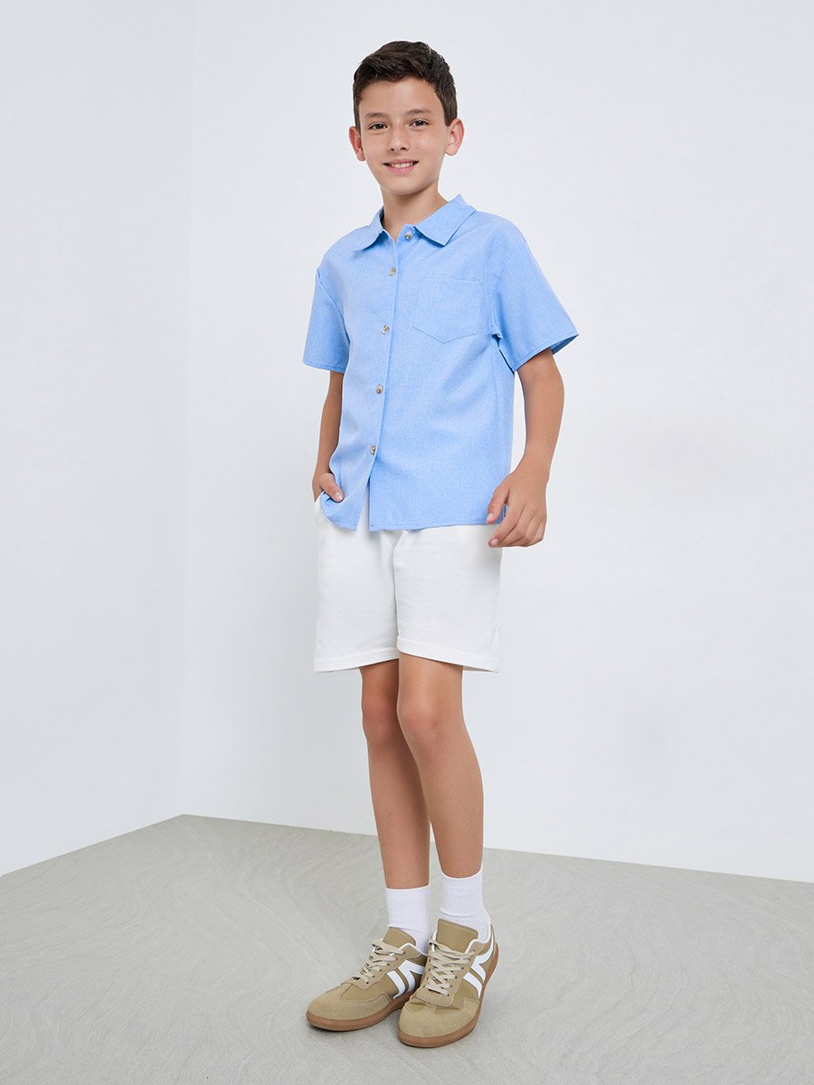 Boys Blue Solid Short Sleeve Shirt