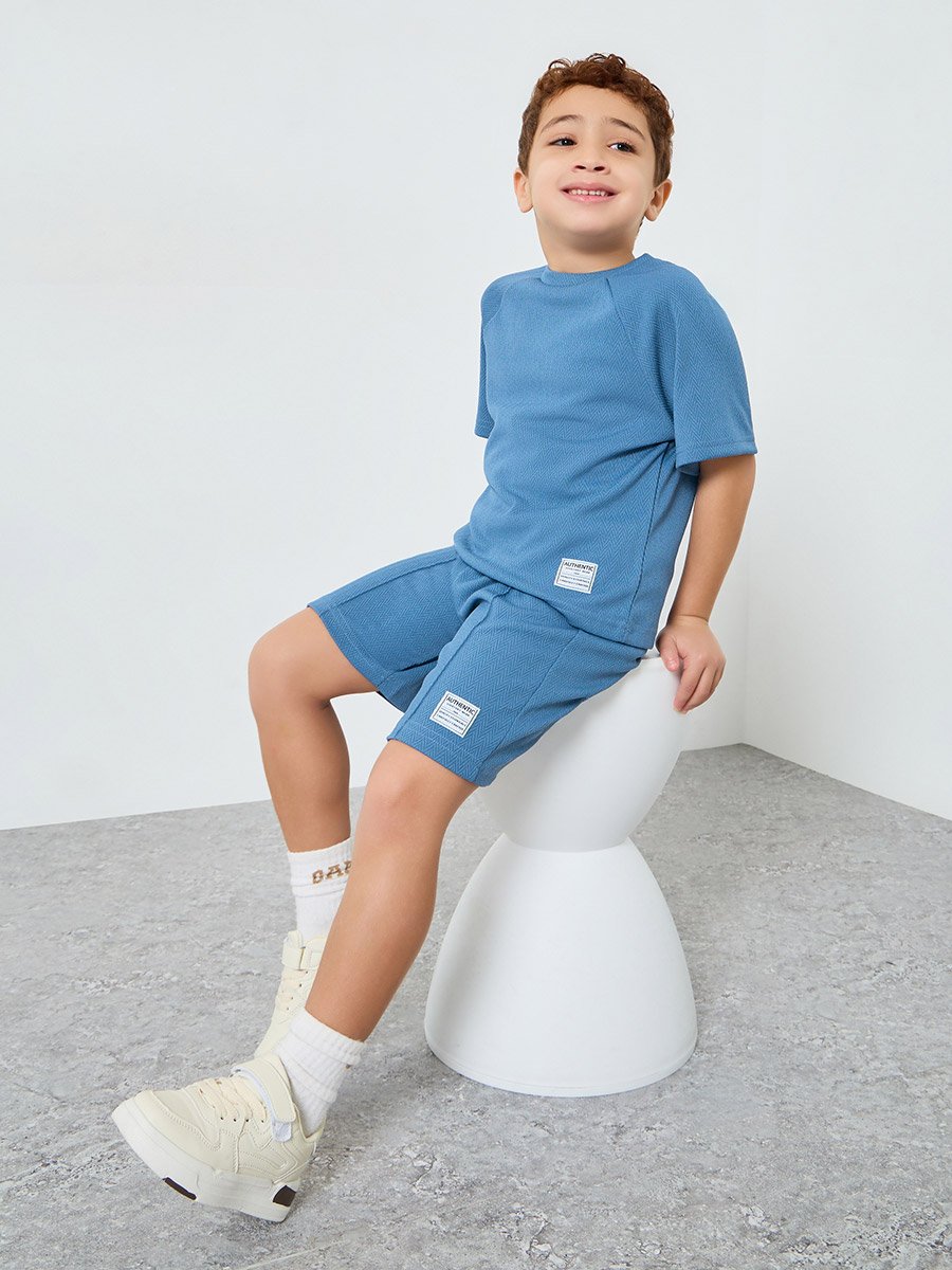 Boys Blue Textured Knit T-Shirt and Shorts Set