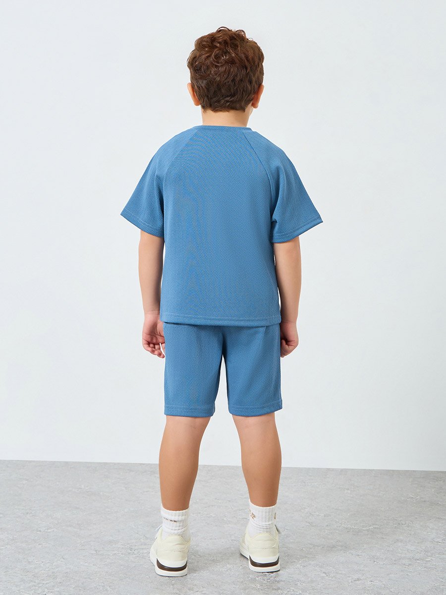 Boys Blue Textured Knit T-Shirt and Shorts Set