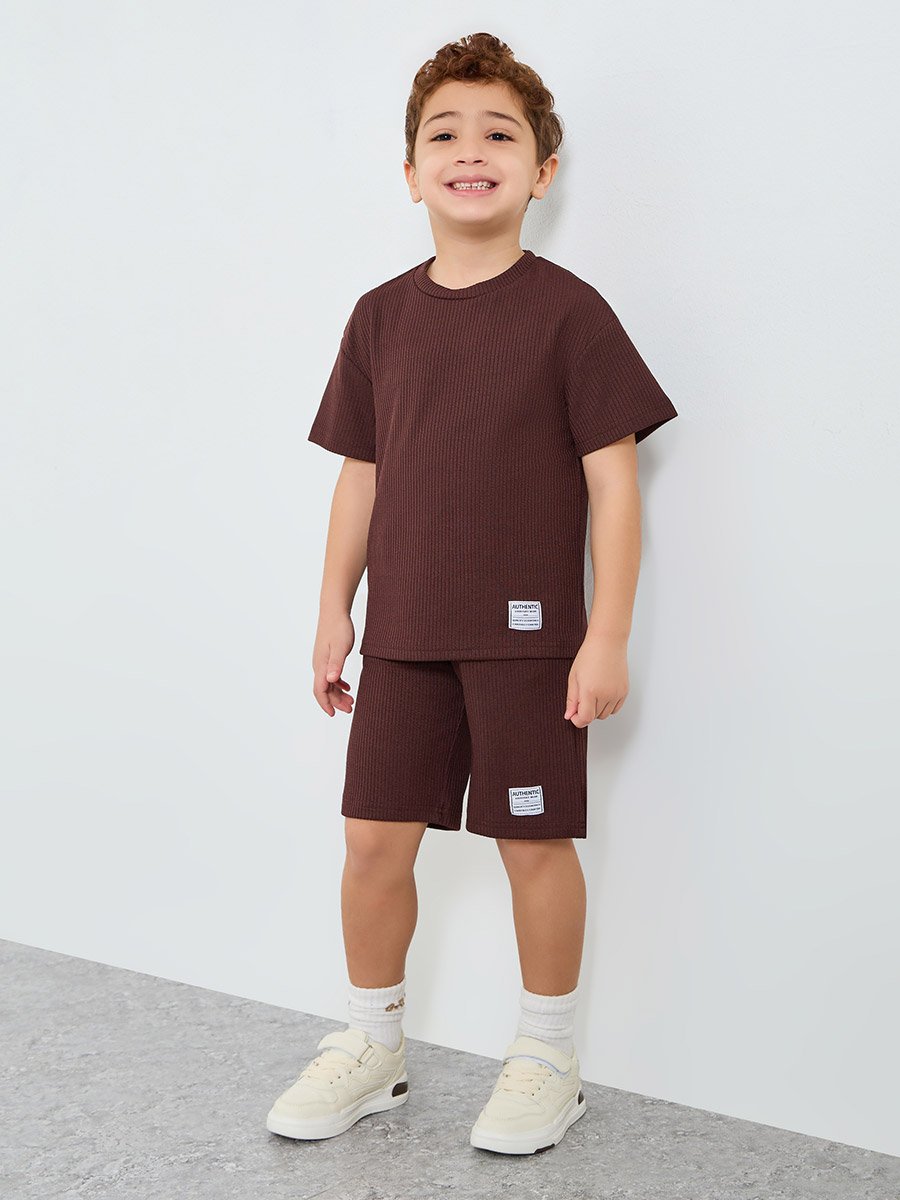 Boys Brown Textured Knit T-Shirt and Shorts Set