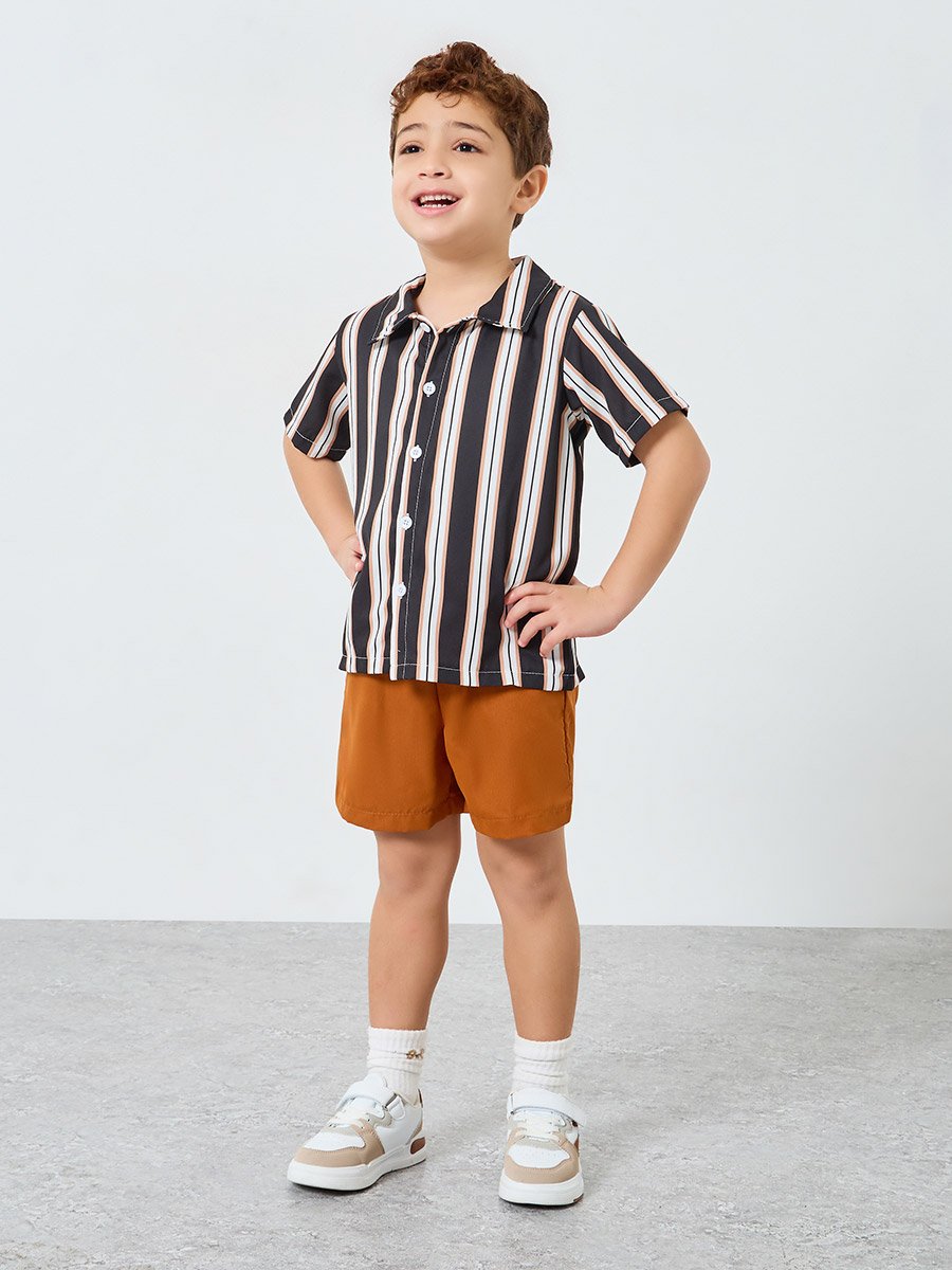 Boys Striped Shirt and Brown Shorts Set