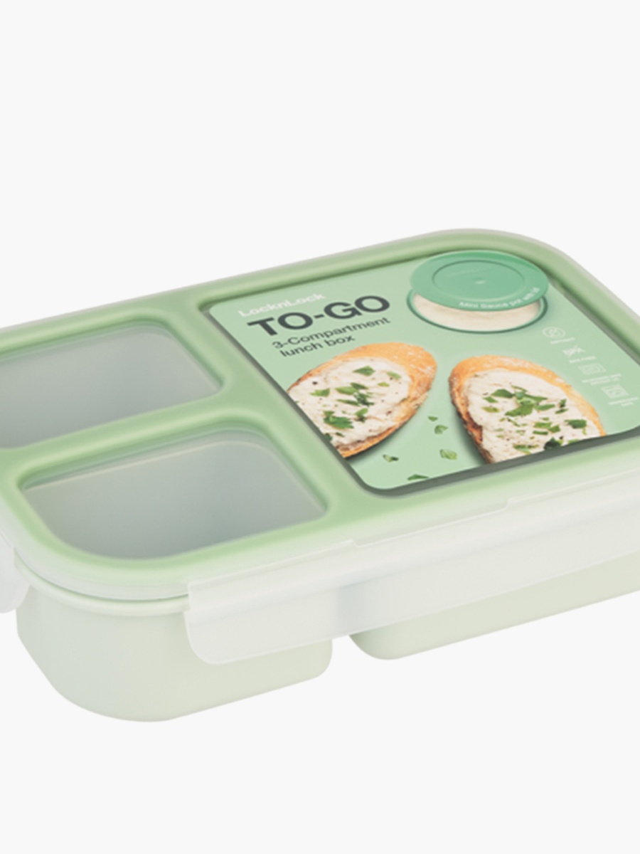 Rectangular 3-Compartment Lunch Box with Clip Lock Lid - 980 ml