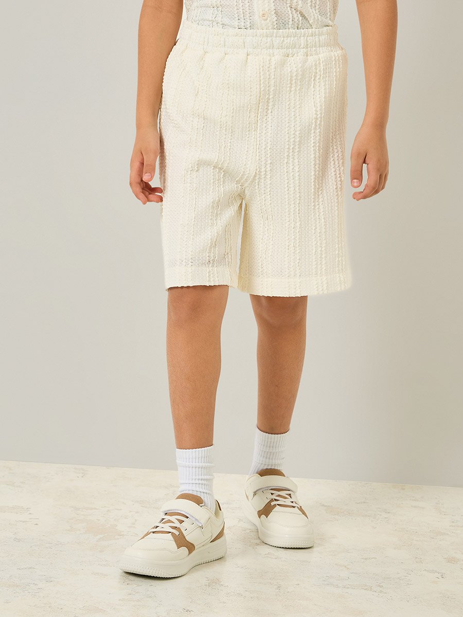 Boys Off White Textured Shorts