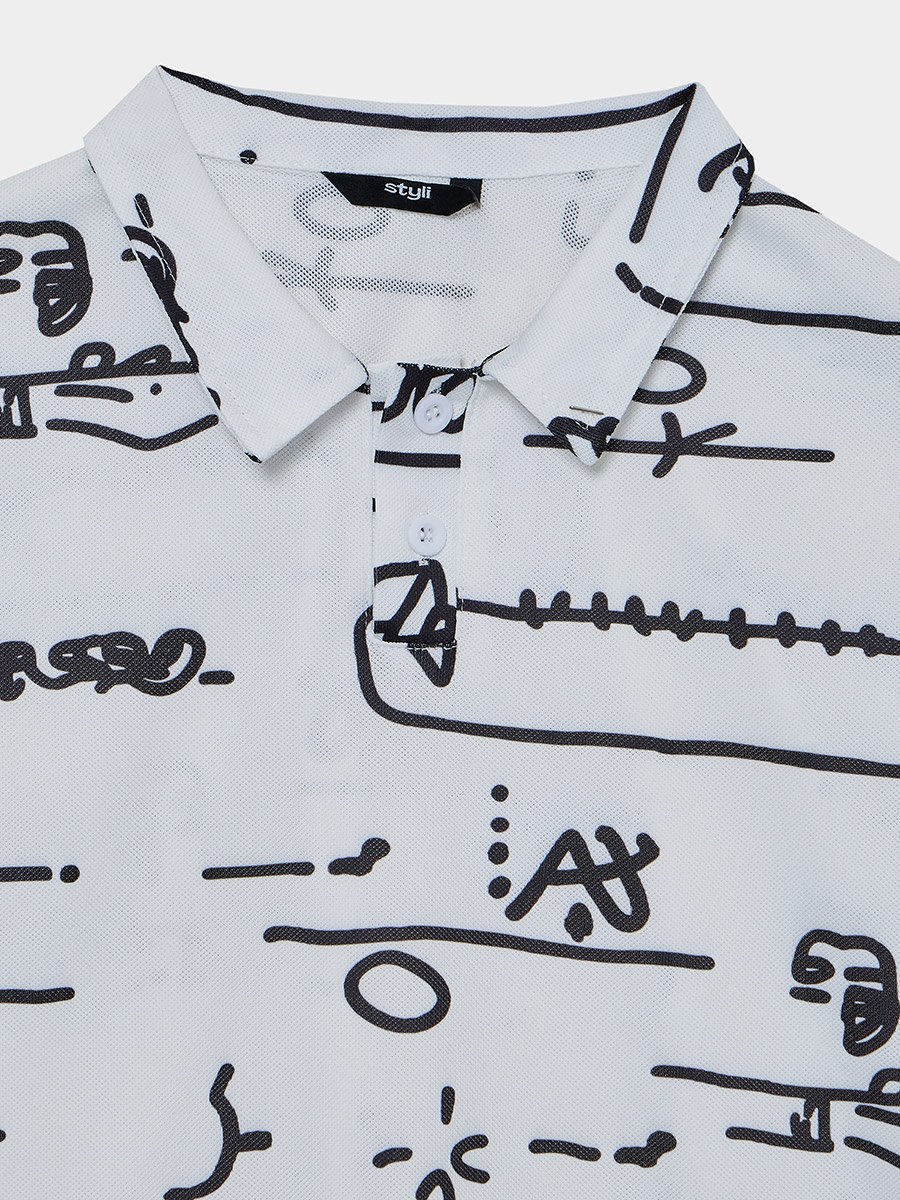 Boys White Graphic Print Polo T-Shirt