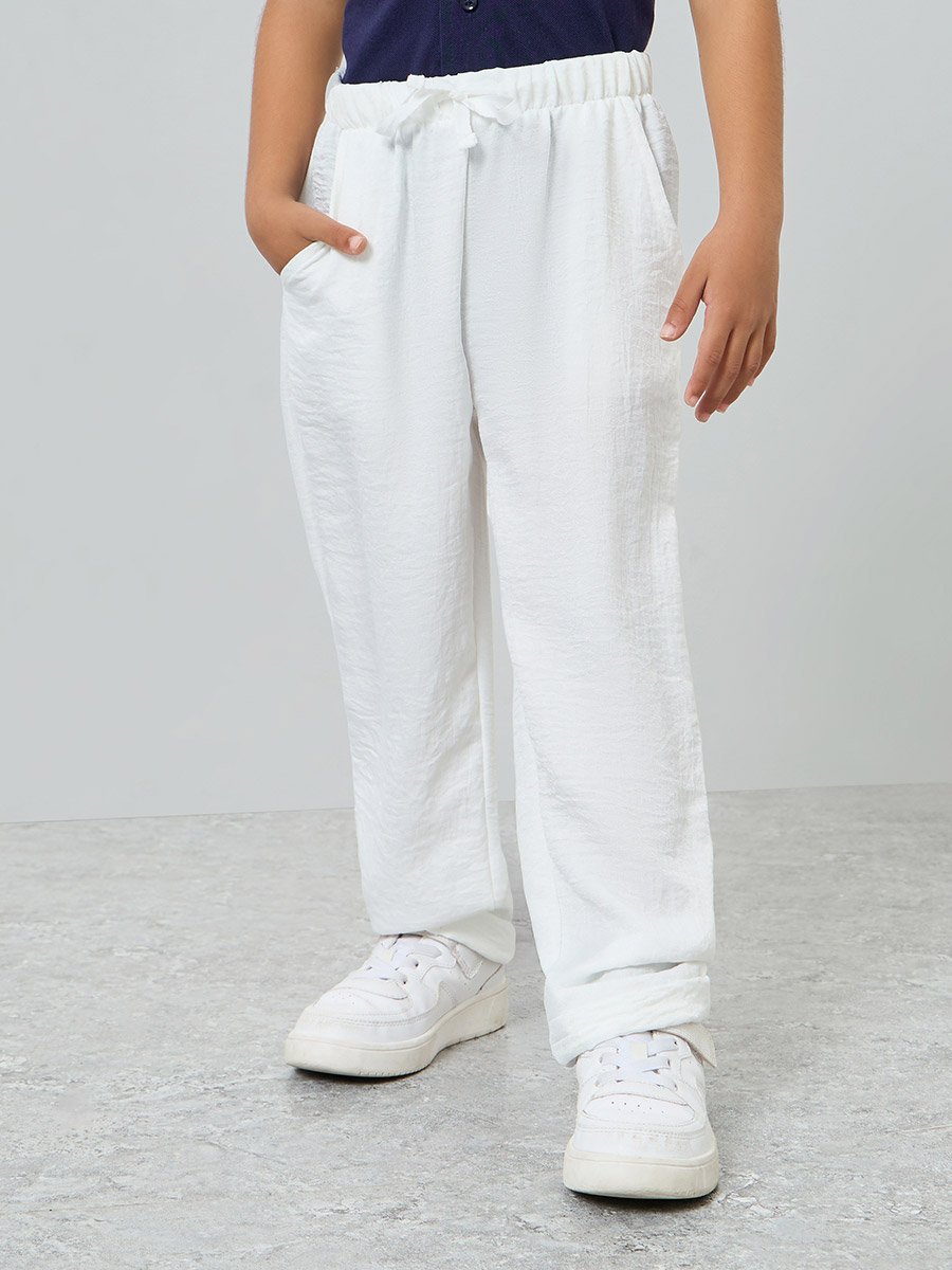 Kids Off-White Solid Woven Pants with Drawcord