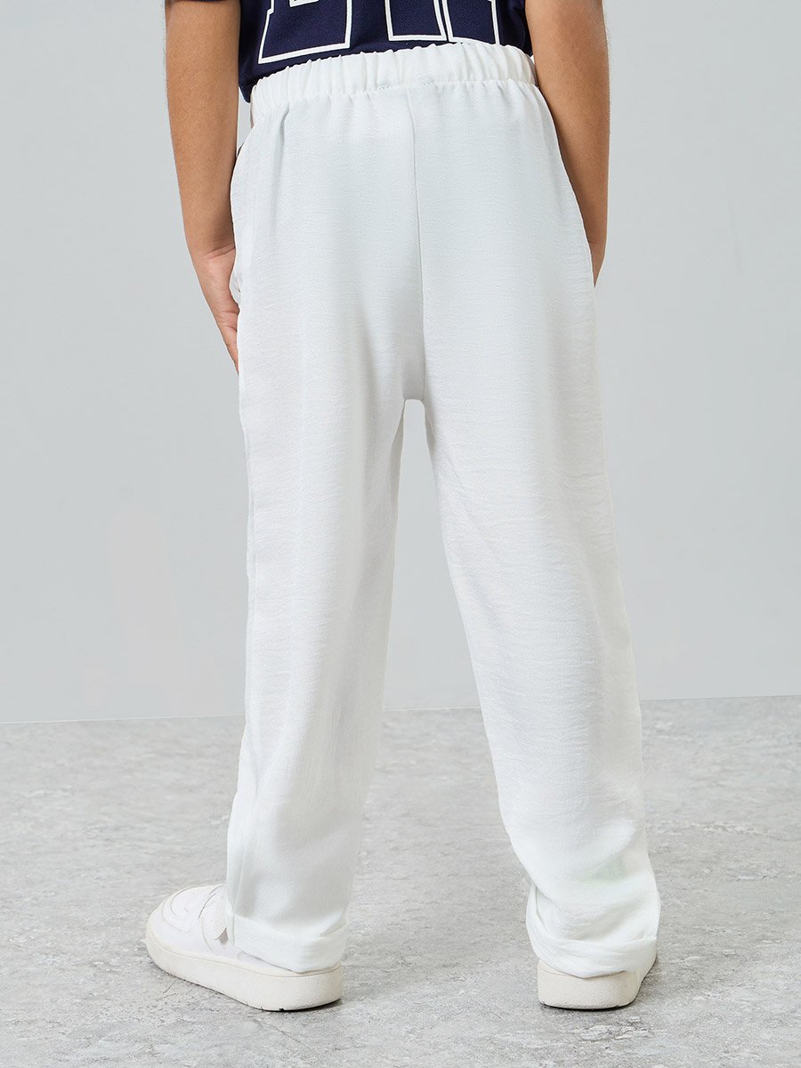 Kids Off-White Solid Woven Pants with Drawcord