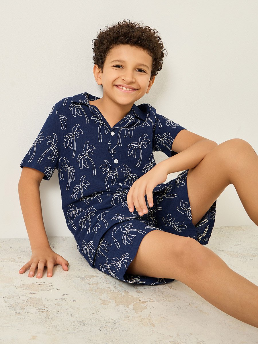Boys Navy Blue Embroidered Shirt and Shorts Set