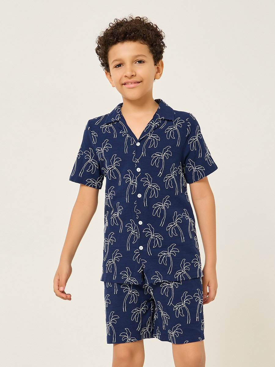 Boys Navy Blue Embroidered Shirt and Shorts Set