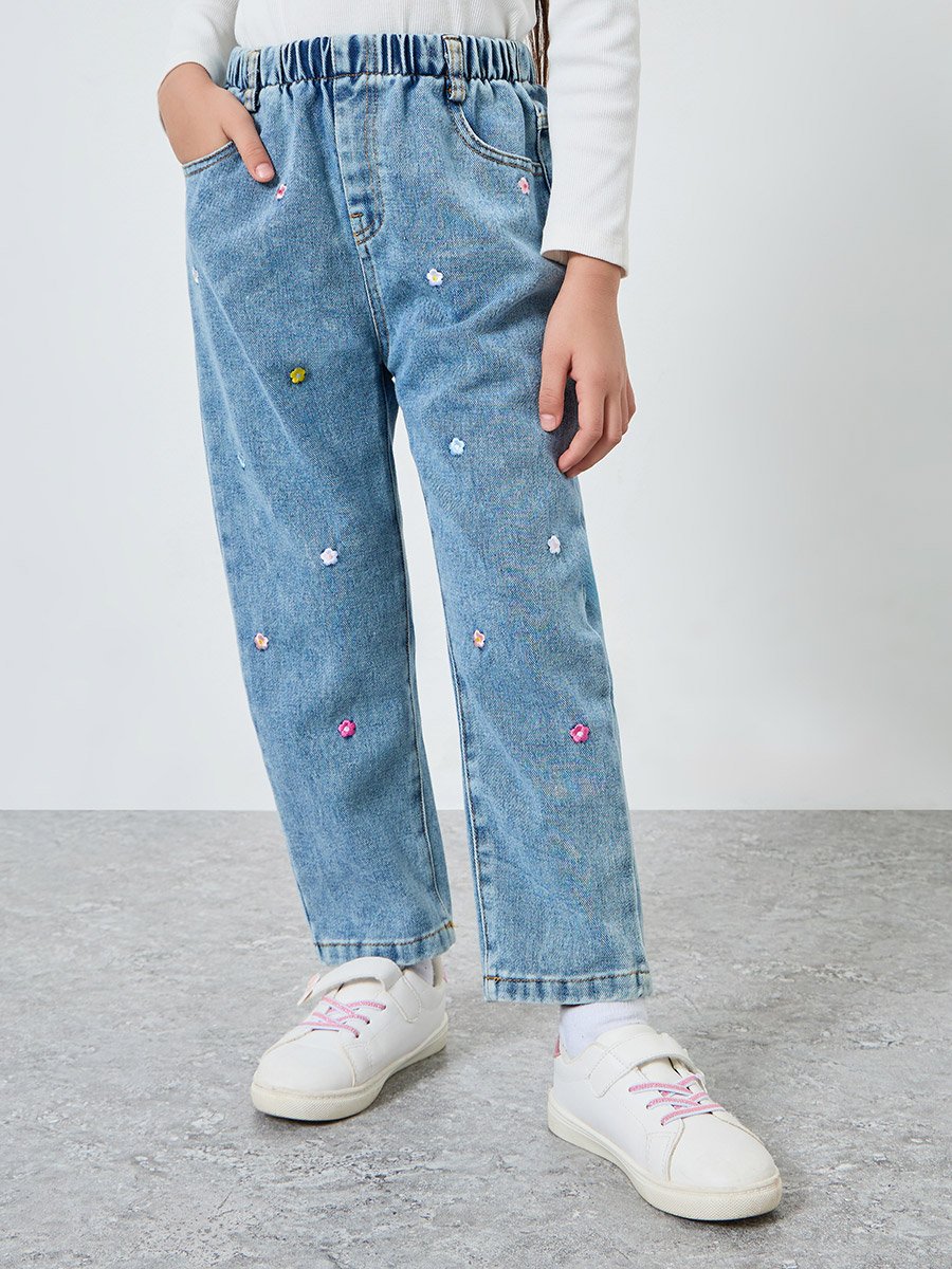 Girls Light Blue Embroidered Jeans
