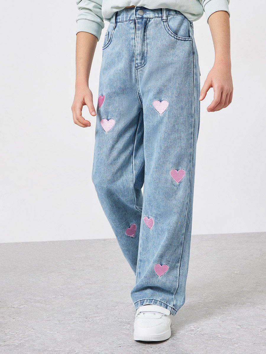 Girls Heart Embroidered Wide Leg Jeans
